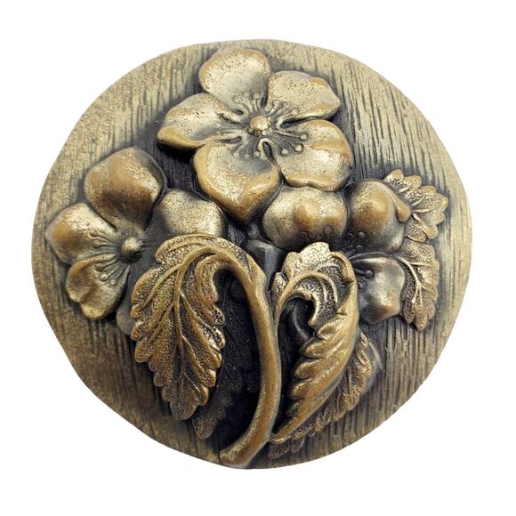 Large Round Flower Brooch Antique Brass Dome Pin Vintage 1970s Floral Spray - Picture 1 of 5